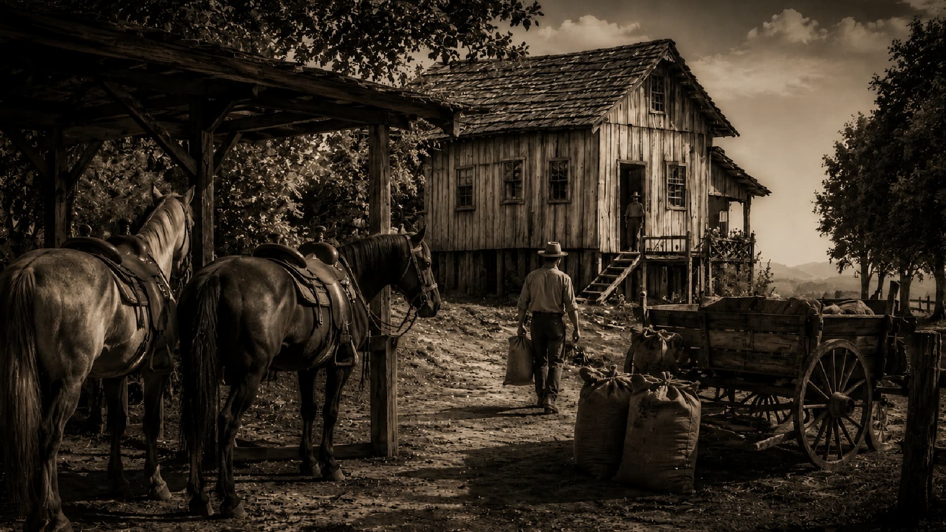Fazenda tradicional com cavalos e carroça, tom sépia — Moinho Vivan desde 1970